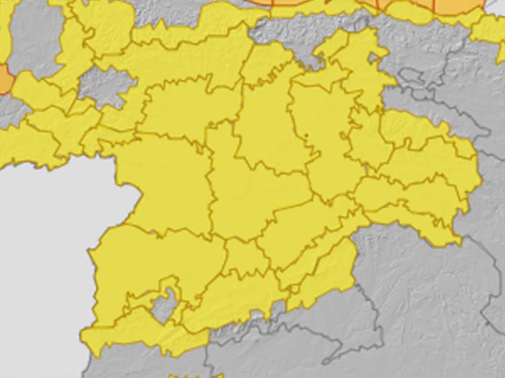 Mapa del aviso amarillo en Castilla y León por fuertes vientos. / AEMET