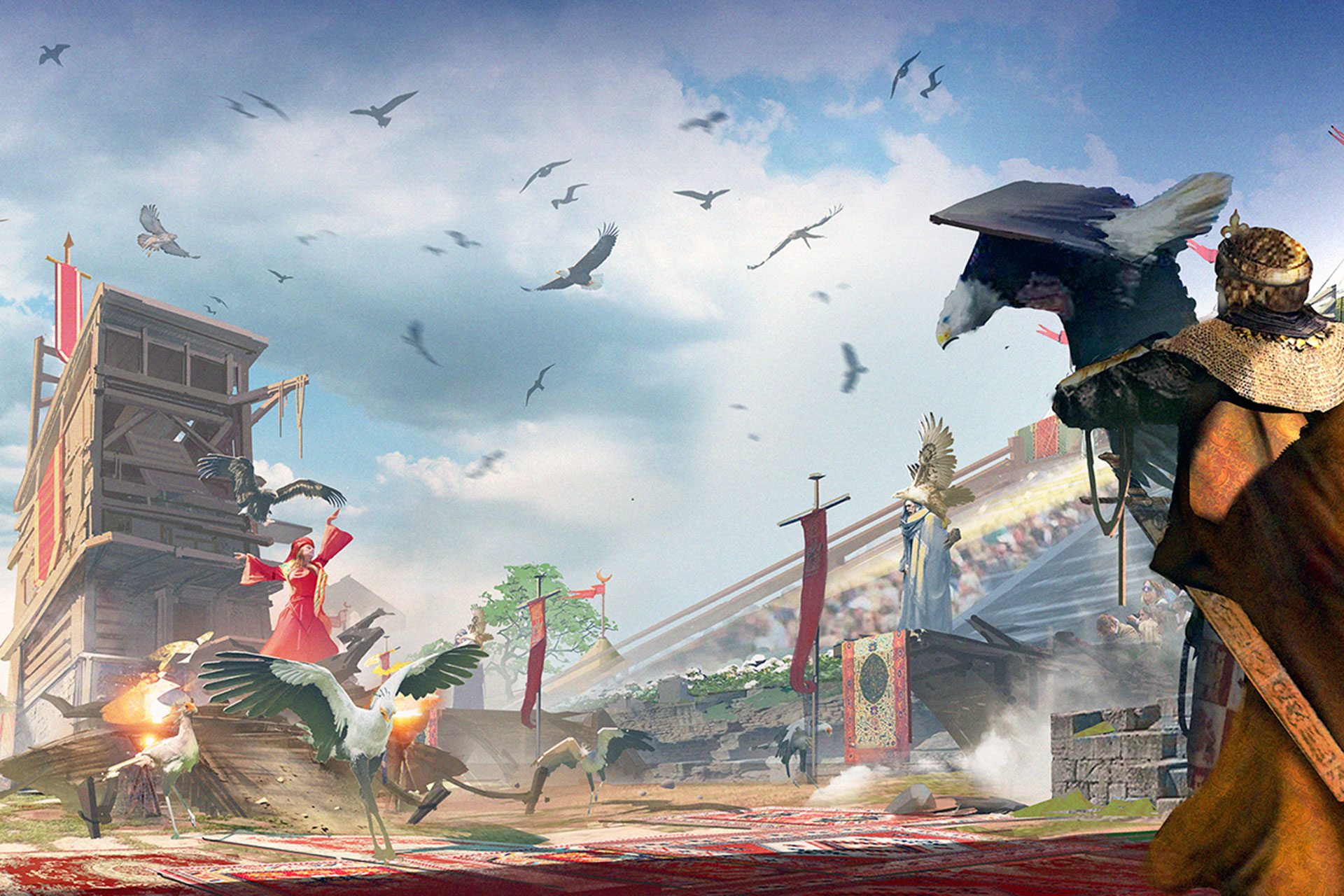 Recreación de uno de los espectáculos de cetrería que integrarán el parque temático.