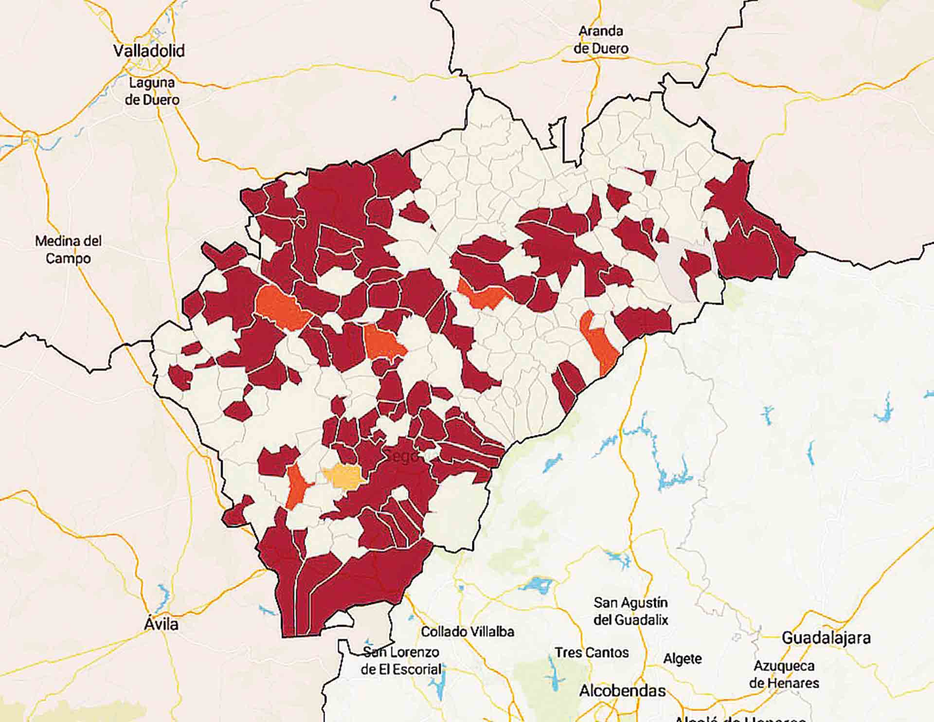 La parte occidental de la provincia cuenta con más municipios en riesgo ‘muy alto’.