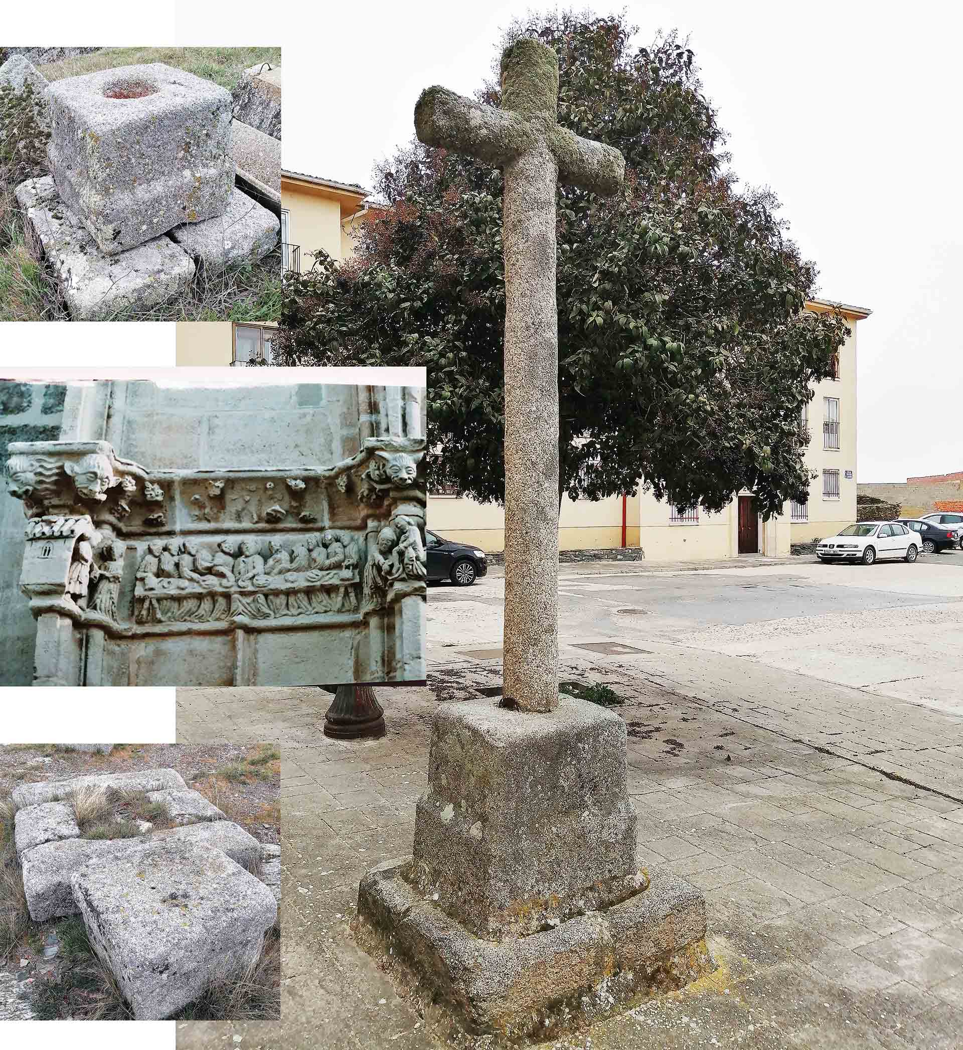 Una de las tres cruces actuales, alguno restos y el friso de la portada de la iglesia.
