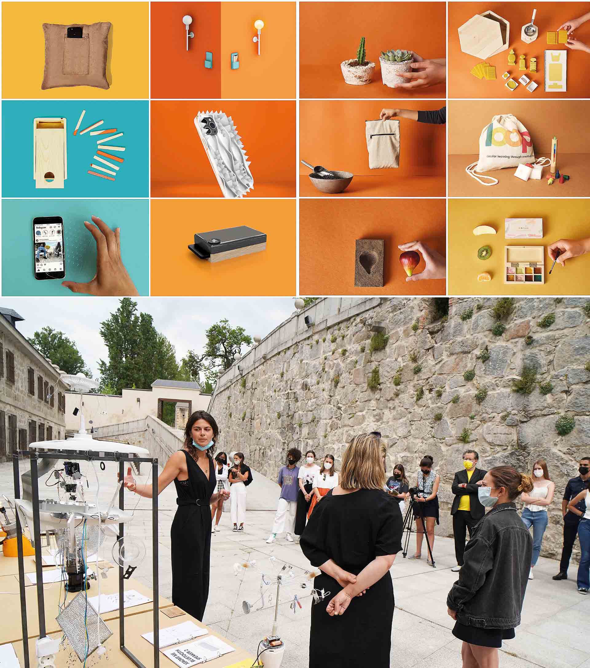 Arriba, colección de los productos ideados por los estudiantes./ IEU. Abajo, los alumnos de la clase de “Materiales y Aplicaciones” transformaron electrodomésticos que no funcionan o están en desuso en sorprendentes obras escultóricas. / R.A.