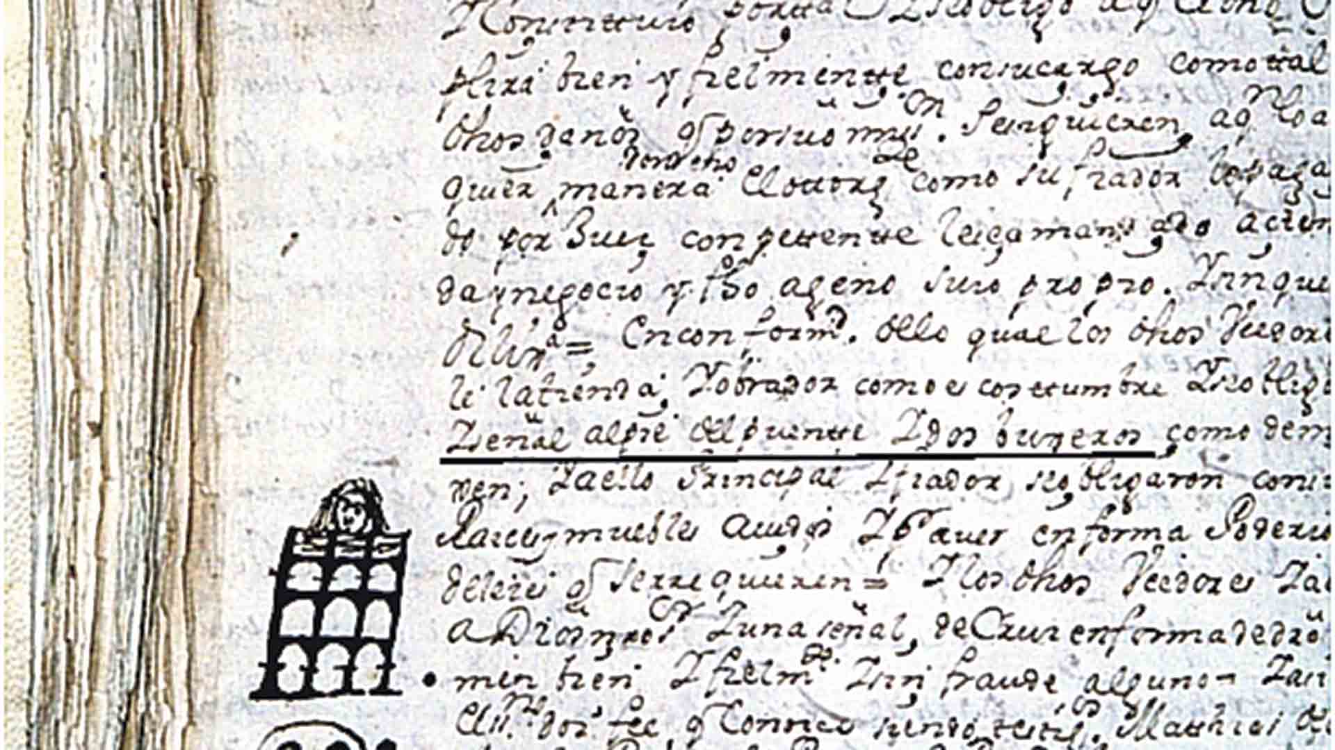 Señal de un hacedor de paños registrada ante el escribano, (A.H.P.S.). Texto subrayado: Señal al pie del puente y dos buxeros.