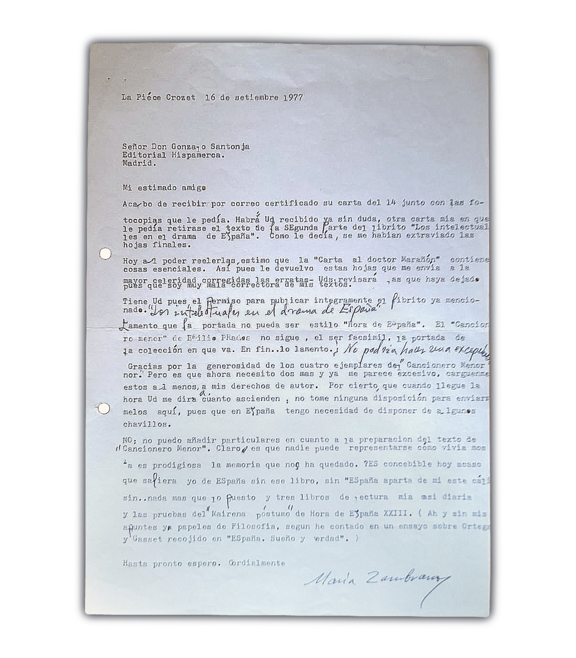 Carta inédita de María Zambrano dirigida a Gonzalo Santonja.