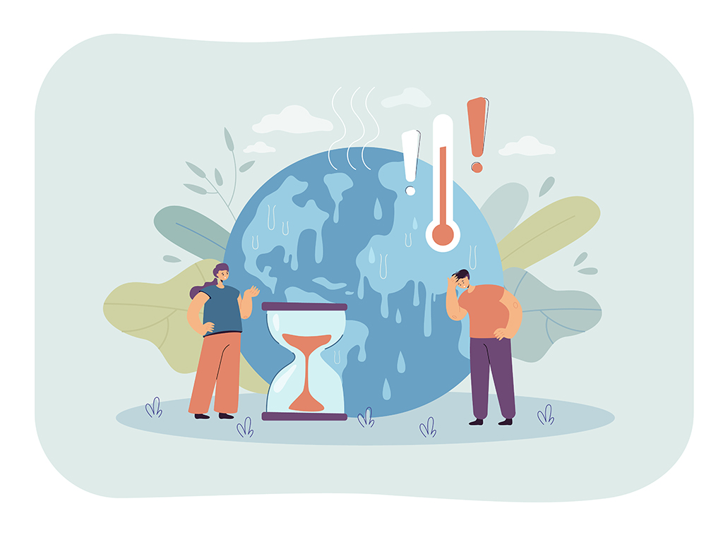 Tiny people with melting planet in background