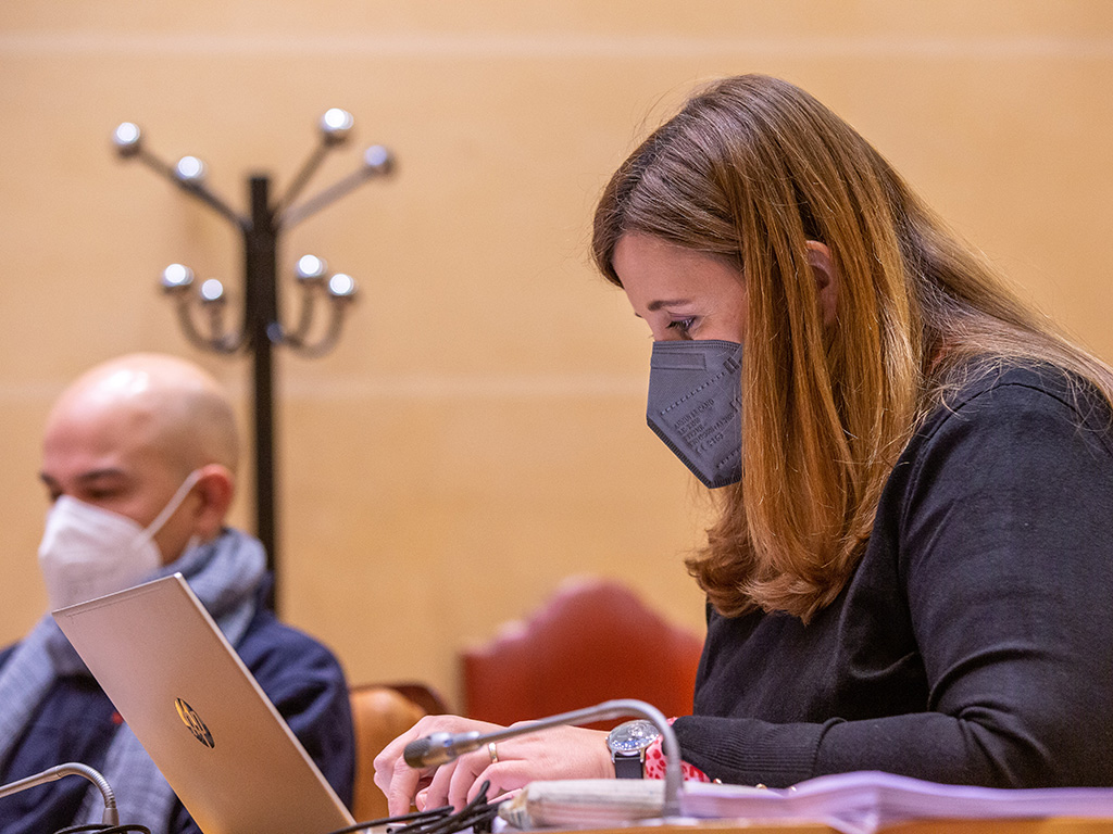 La concejala de Urbanismo, Clara Martín, hace una consulta en un ordenador portátil, durante el pleno. / Nerea Llorente