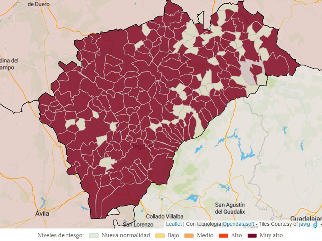 La provincia de Segovia teñida de granate por la gran cantidad de municipios en nivel de riesgo ‘muy alto’.