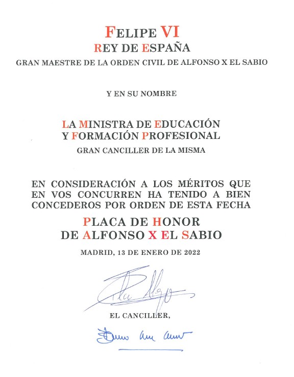Documento concesion Placa de Honor de Alfonso X El Sabio Documento concesion Placa de Honor de Alfonso X El Sabio