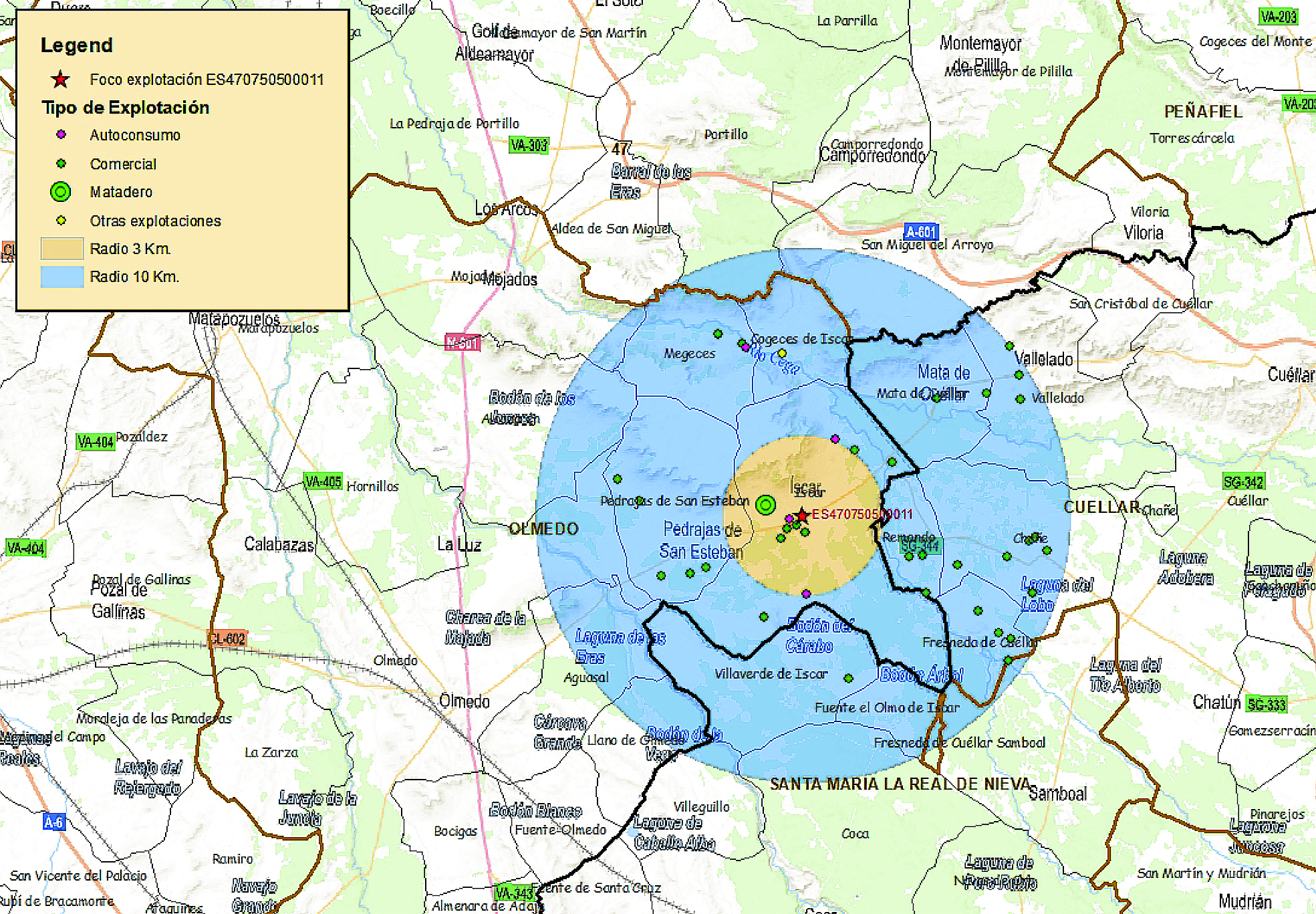 Radio de la explotación avícola de Íscar.
