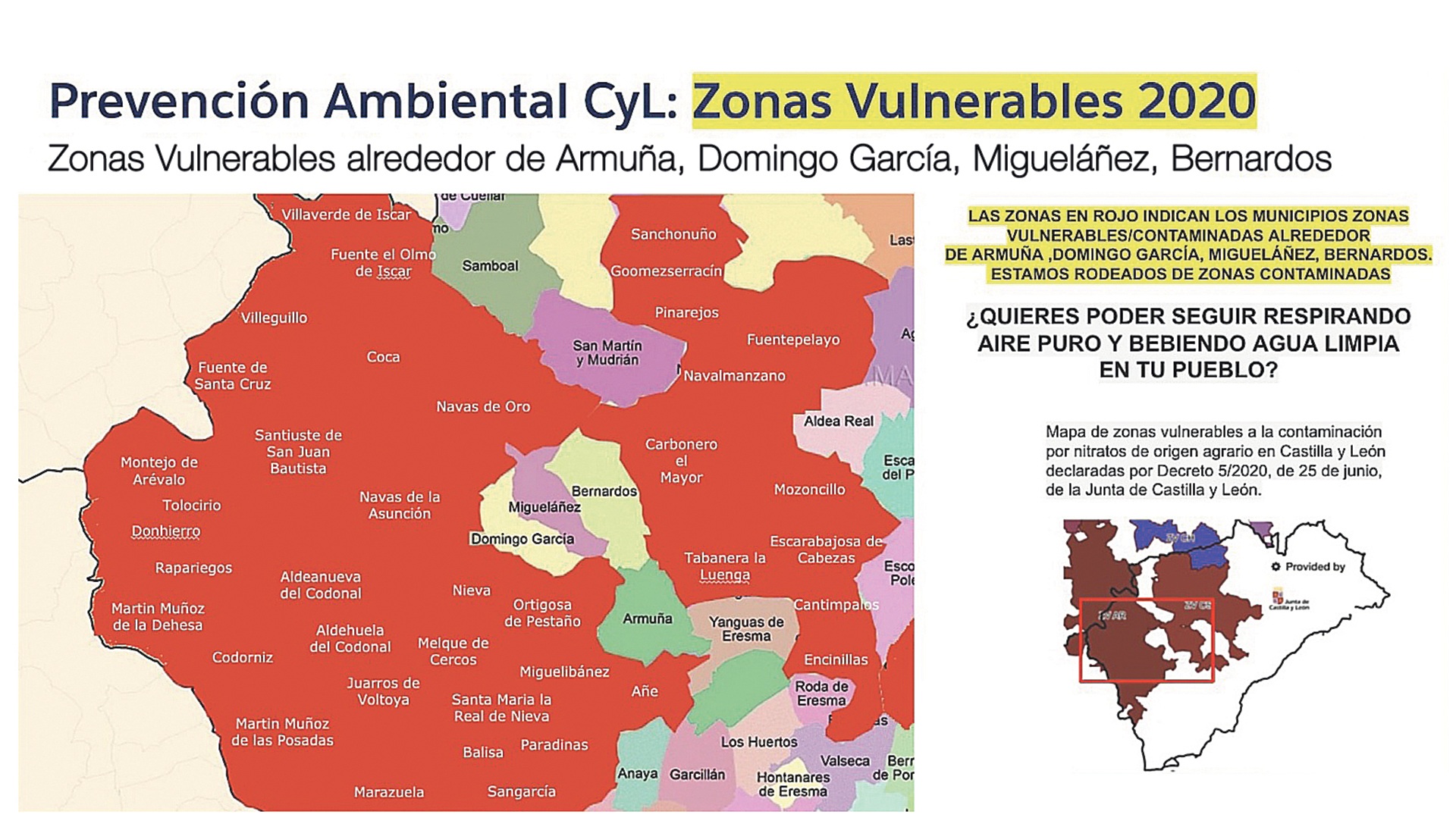 Mapa de zonas vulnerables a la contaminación por nitratos de origen agrario en Segovia declaradas por Decreto 5/2020 de la Junta de Castilla y León.