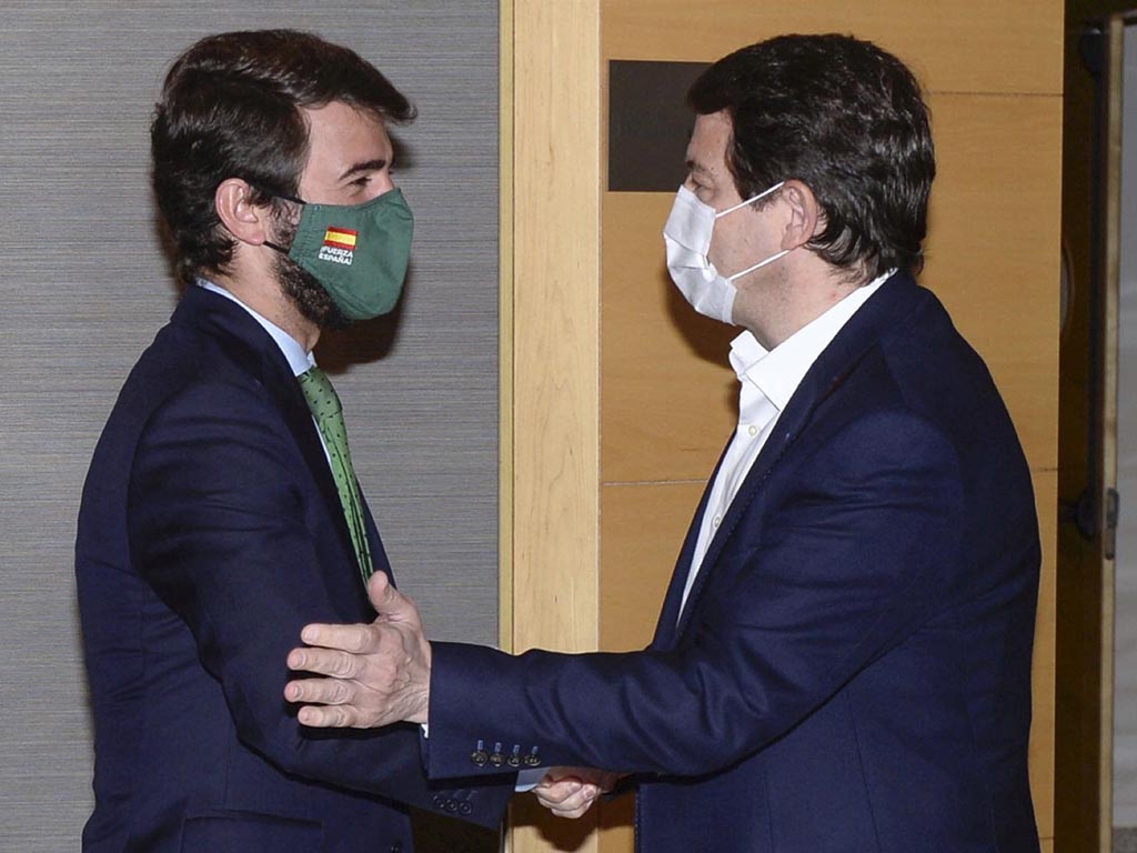 Juan García-Gallardo (Vox) y Alfonso Fernández Mañueco (PP), durante el encuentro. / EFE - NACHO GALLEGO