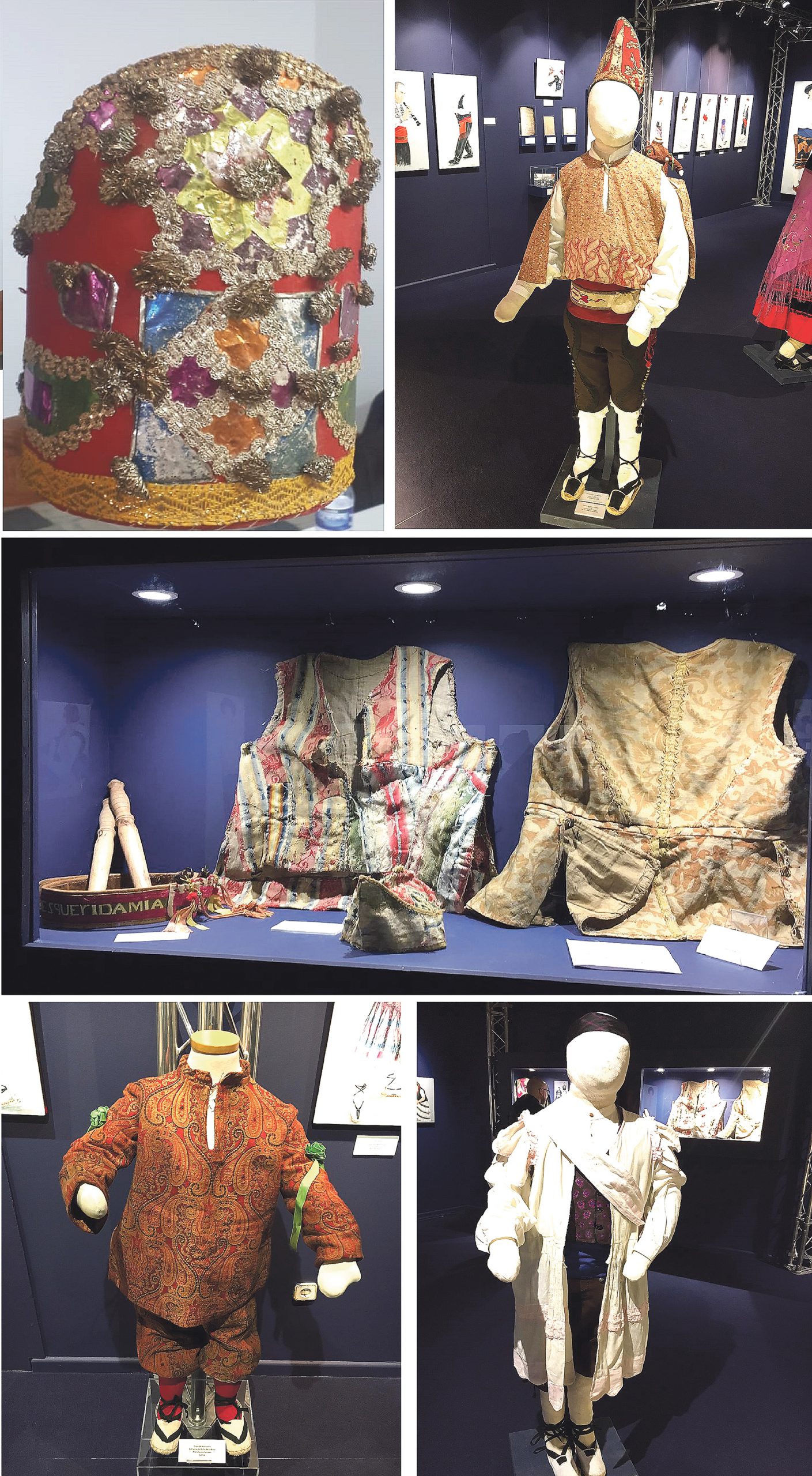 De arriba abajo y de izquierda a derecha: gorras de La Matilla. Casaca y gorro de Carrascal de la Cuesta. Chalecos de Veganzones y Muñoveros. Traje de los danzantes del Niño de la Bola de Cuéllar. Enaguas de Muñoveros.