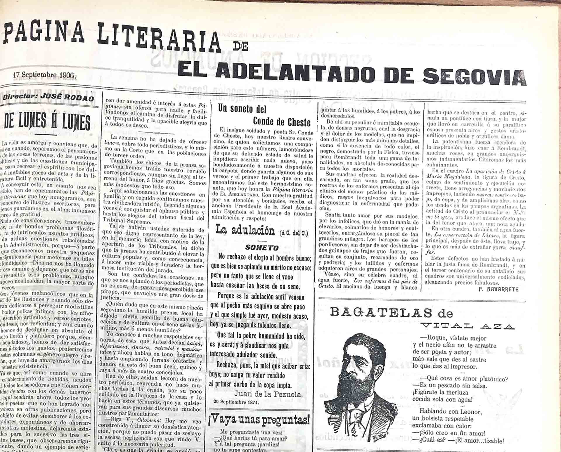 Primer ejemplar de la “Página literaria” de EL ADELANTADO DE SEGOVIA.