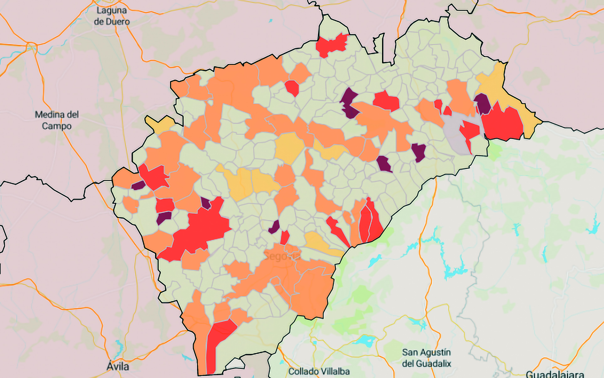 Tasas de incidencia a 14 días de los municipios de la provincia de Segovia.