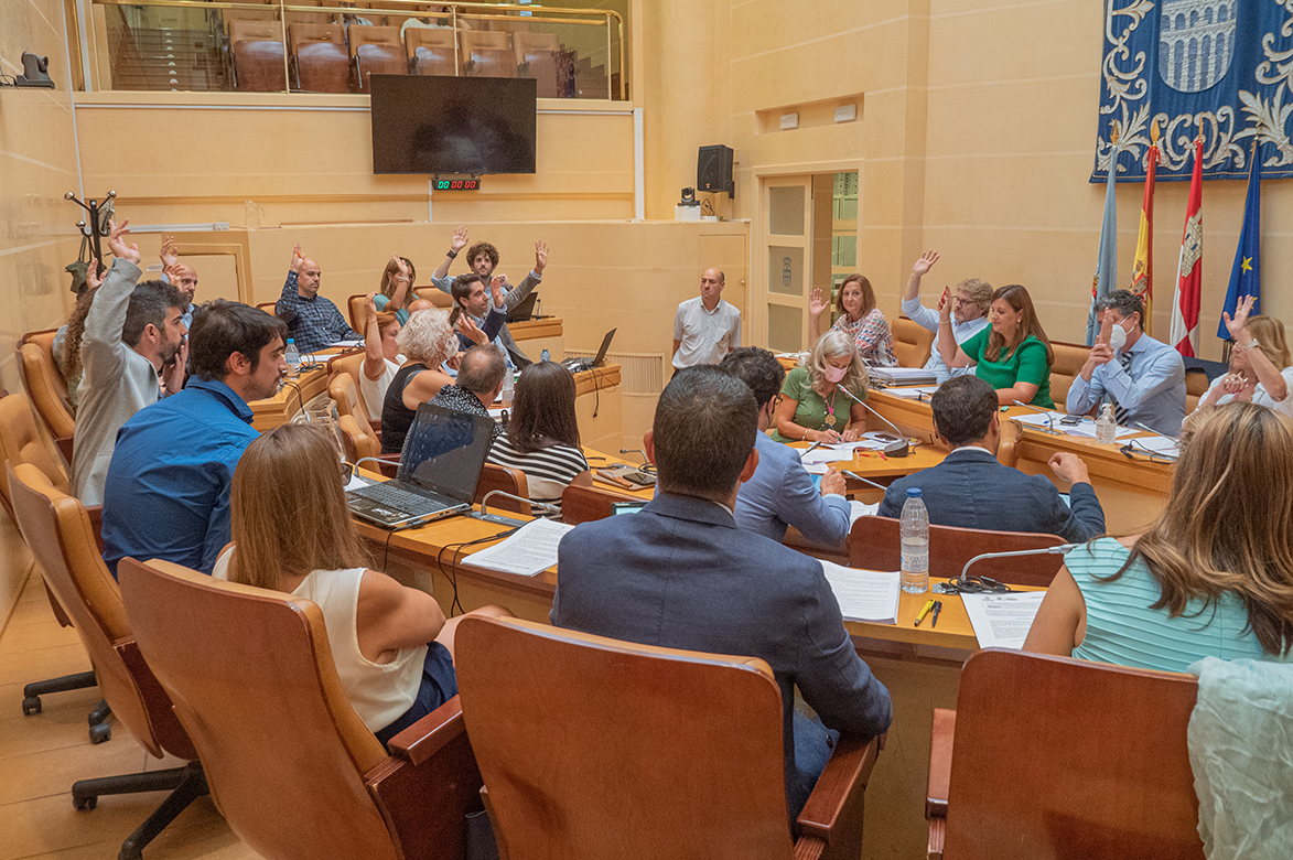 La corporación municipal durante la votación de una de las mociones en la sesión plenaria que celebró ayer el Ayuntamiento de Segovia. / Rocío Pardos