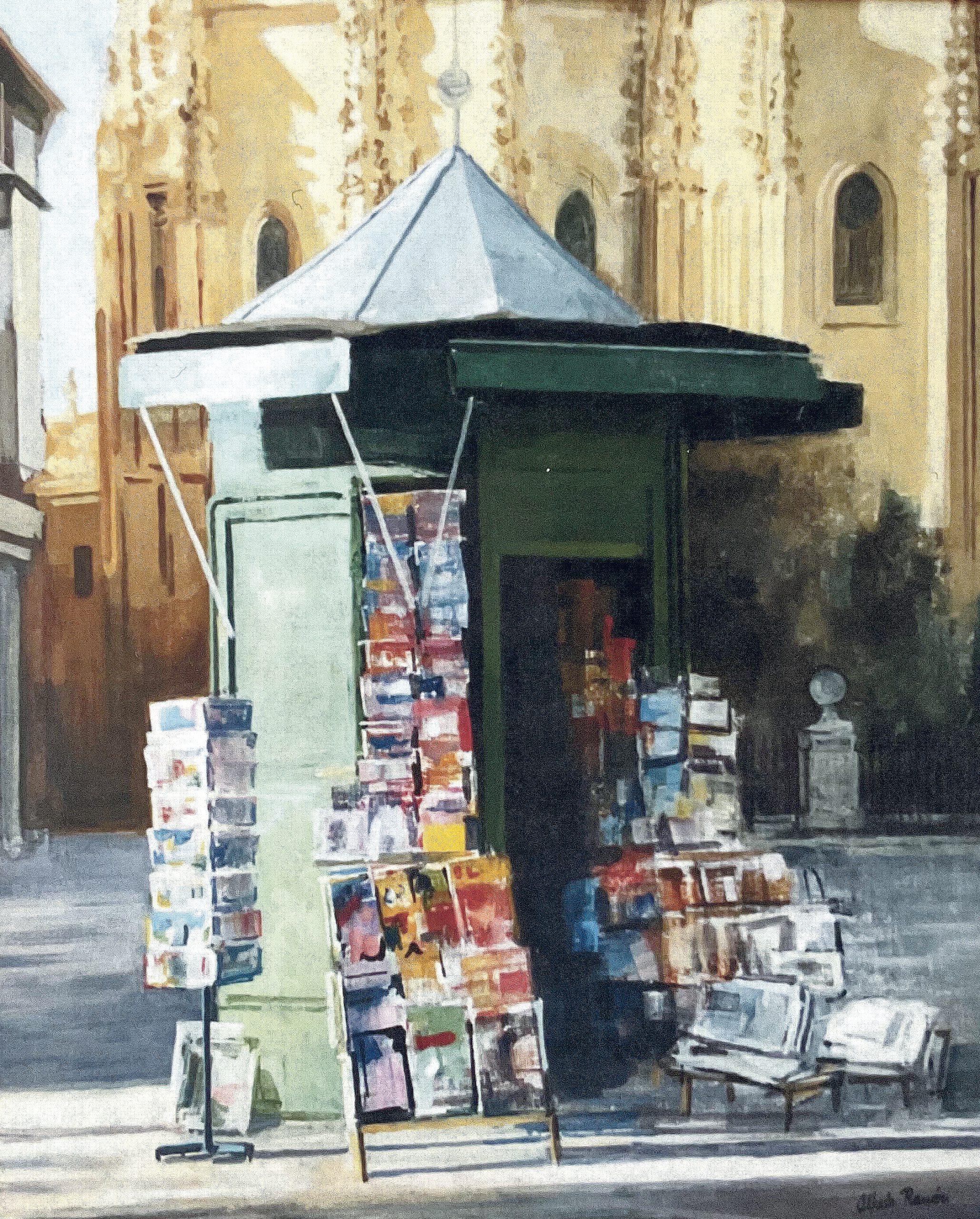 Quiosco de la Plaza Mayor de Segovia. temple de huevo. Col. particular en Francia.