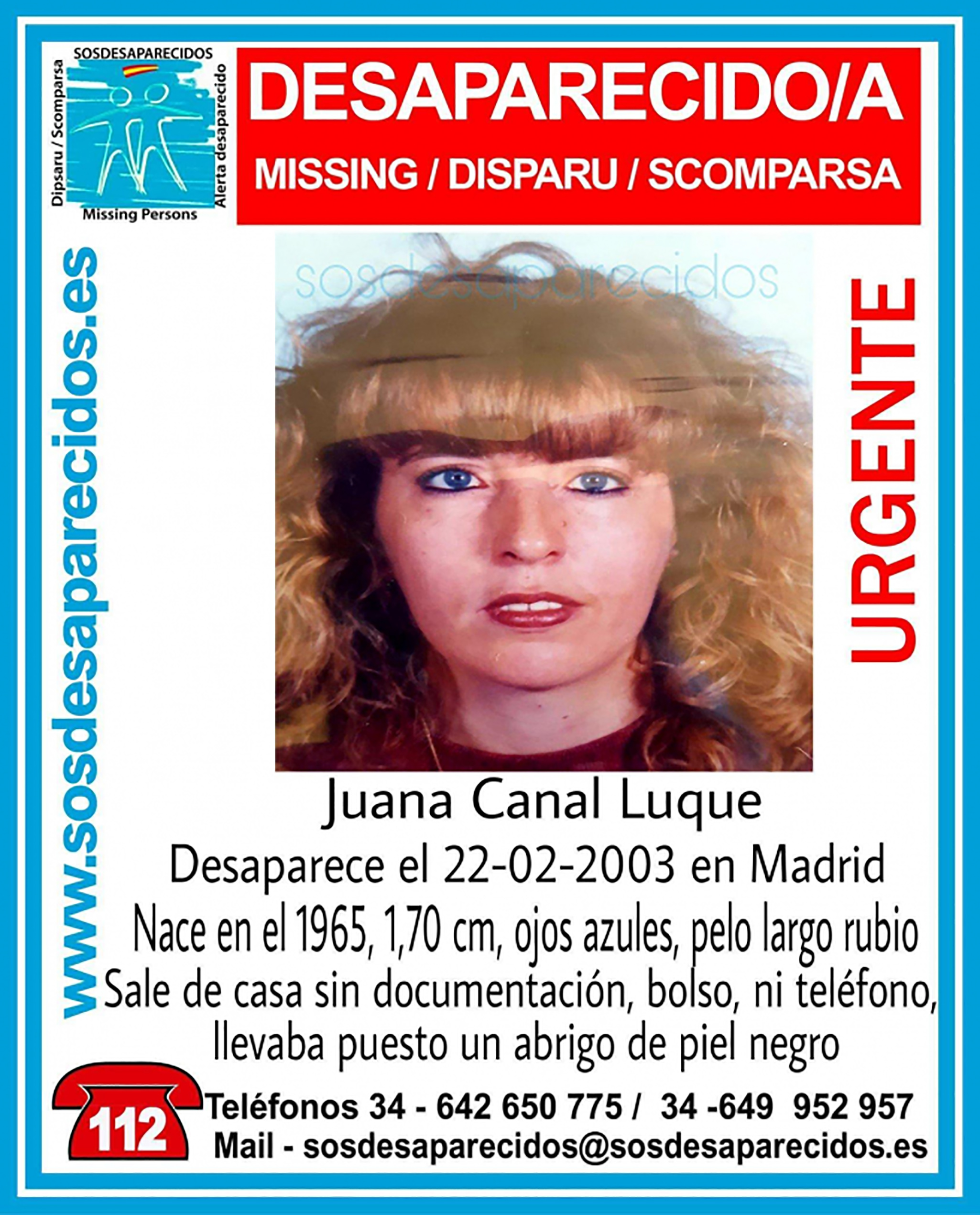 Cartel de SOS Desaparecidos donde figura Juana Canal.