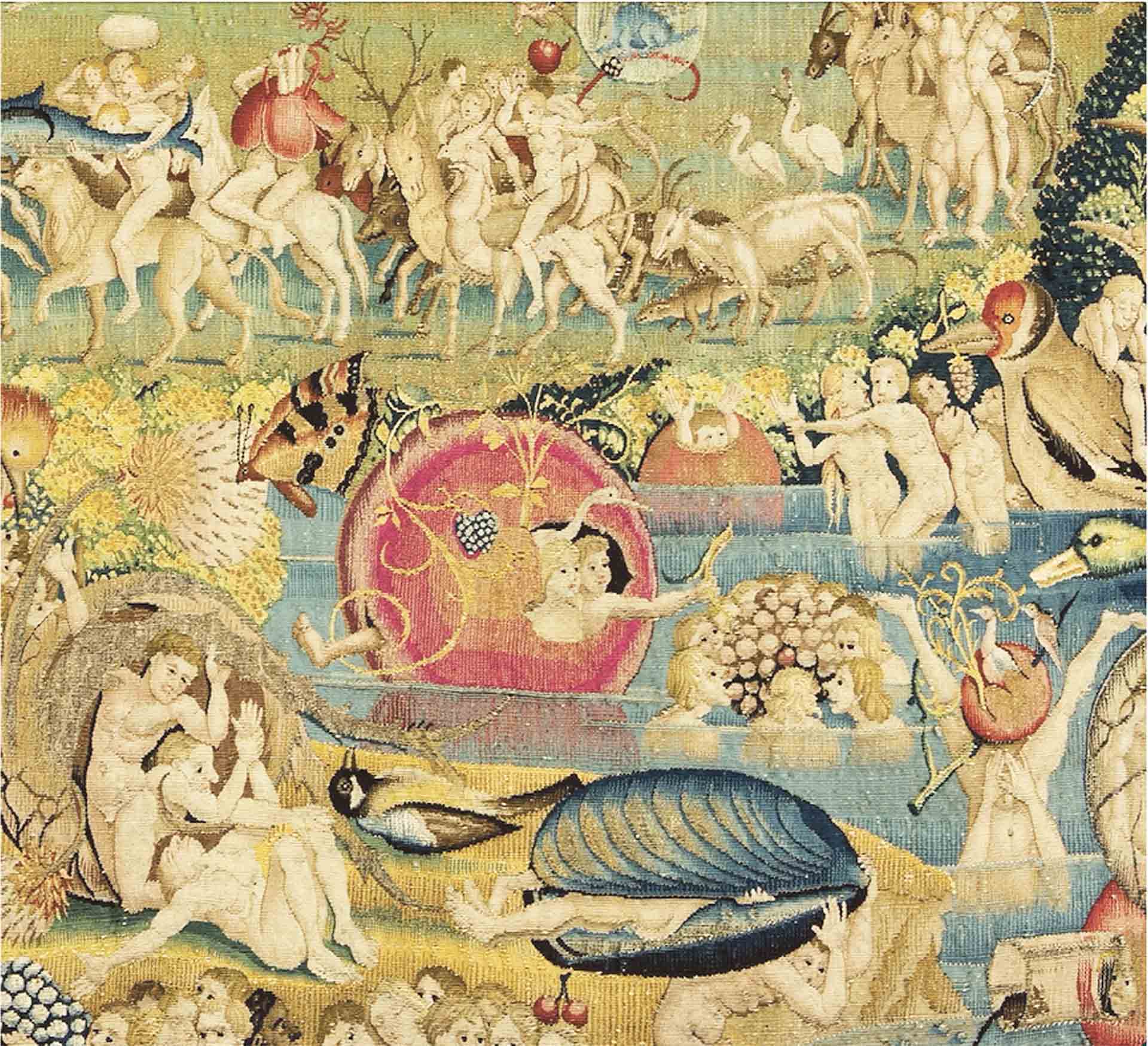 Detalle del tapiz El Jardín de las Delicias, Fantasías y Disparates del Bosco. Bruselas, 1550/60, 292 x 492 cm, oro, plata, seda y lana. Real Monasterio de San Lorenzo de El Escorial.