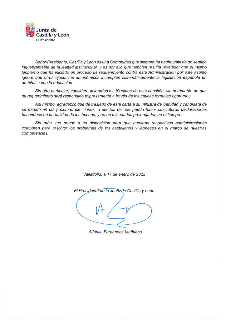 El Presidente de la Junta responde a Pedro Sánchez por sus ataques continuados a Castilla y León 3 Carta de Manueco a Sanchez Pagina 2