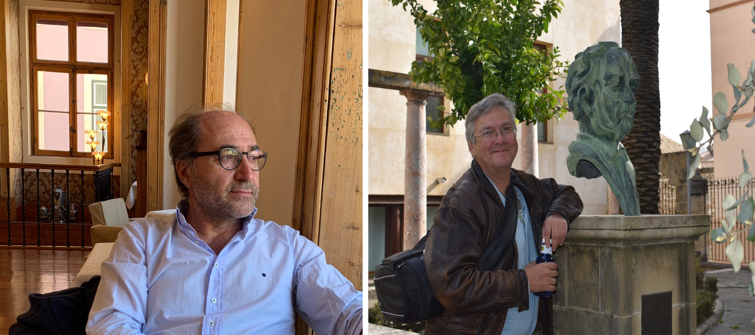 Joaquín del Campo en su casa de Punta Umbría, izquierda y Miguel Moure, ante el busto de Antonio Machado en Baeza, derecha.