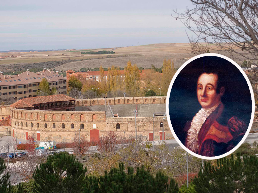Vista panorámica actual de la Plaza de Toros de Segovia, con una representación de José Delgado 'Pepe-Hillo'.