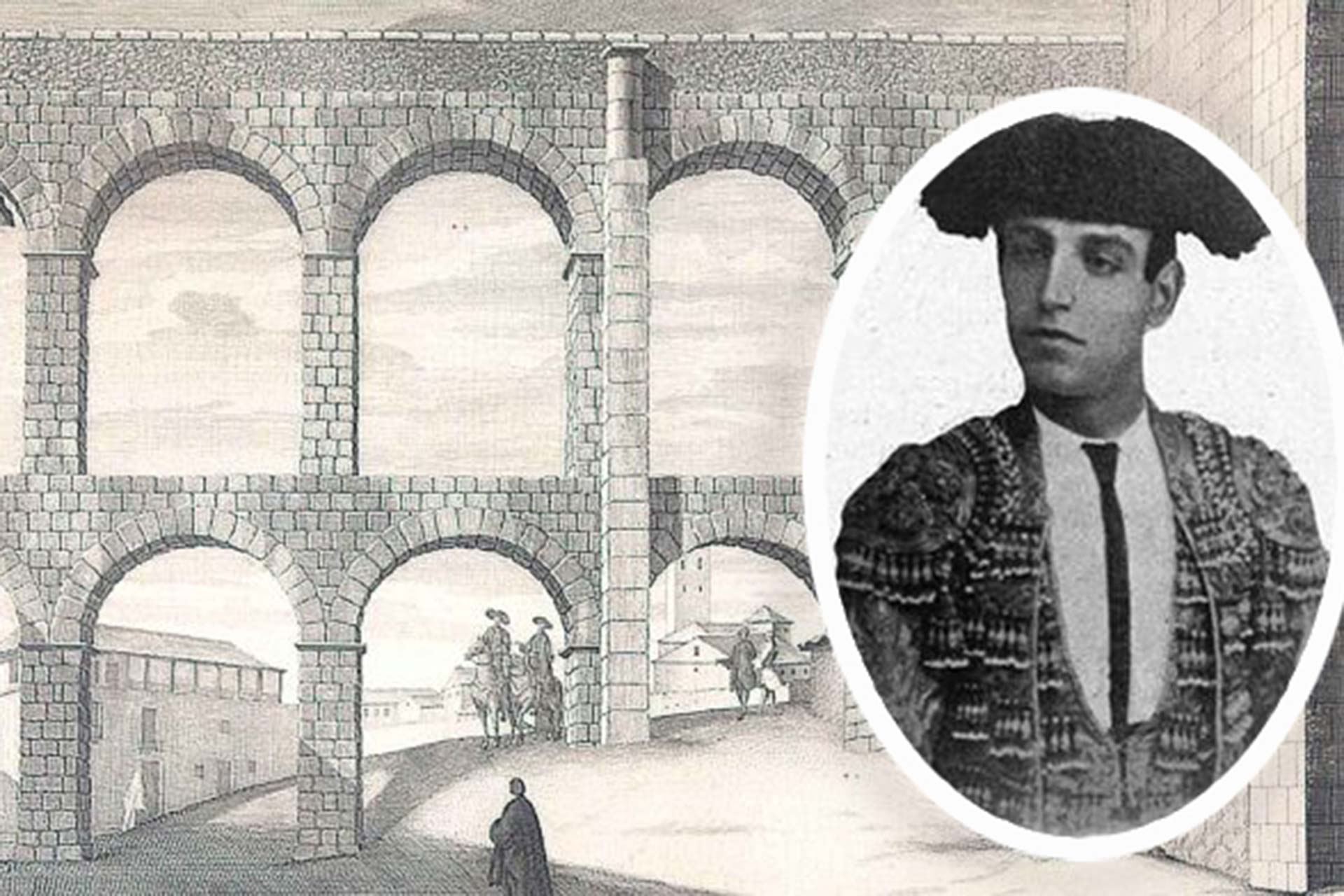 Estampado del Acueducto y la imagen de Valentín Conde.