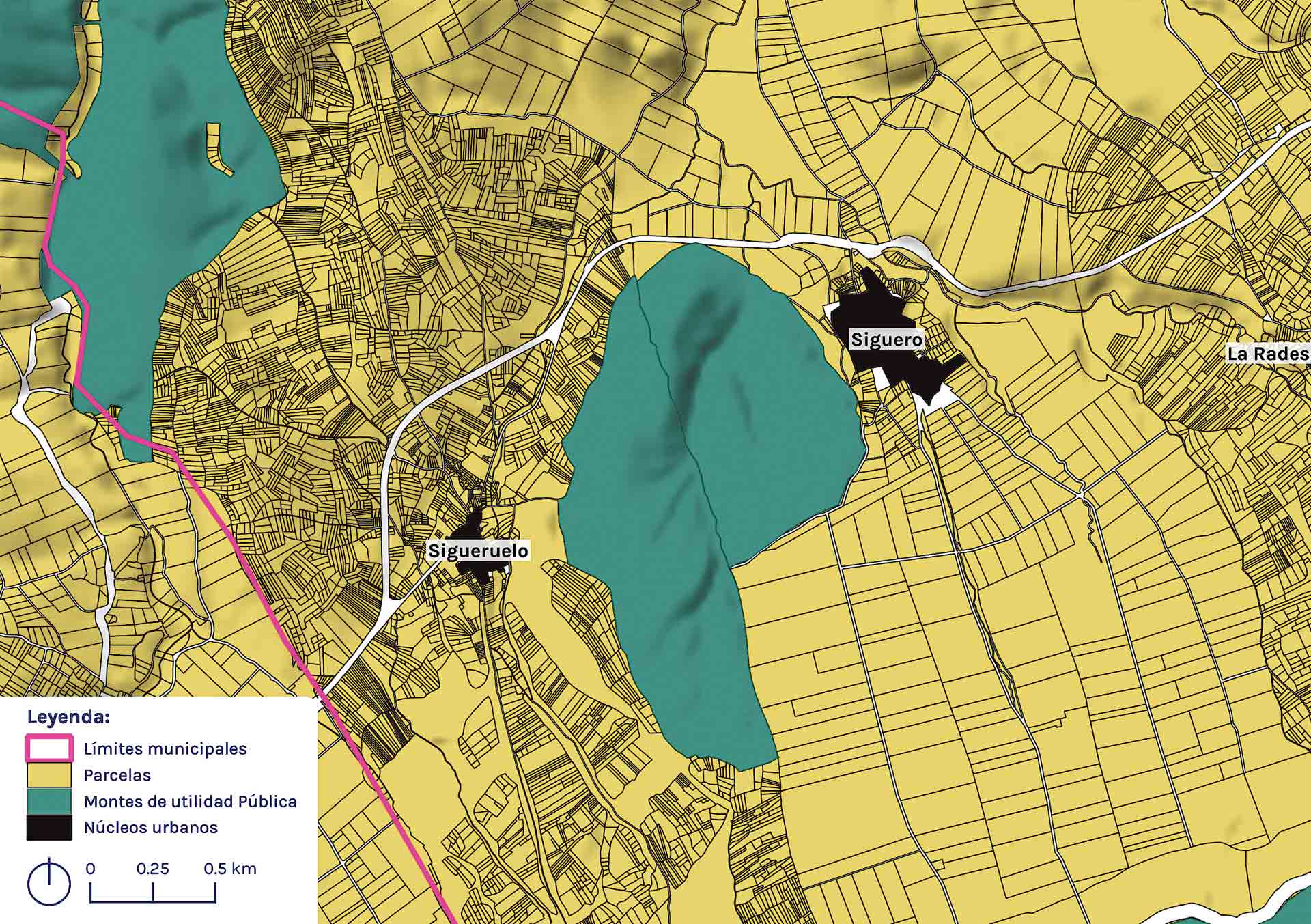 Fig. 1. A pesar de formar parte del mismo municipio (Santo Tomé del Puerto), Siguero y Sigueruelo muestran parcelaciones muy distintas. El motivo es que, mientras que Sigueruelo conserva su parcelación histórica, en Siguero se ha finalizado recientemente (2021) un proyecto de concentración parcelaria en el que 296 propietarios aportaron 8278 parcelas y recibieron 664 fincas de reemplazo. Fuente: elaboración propia.