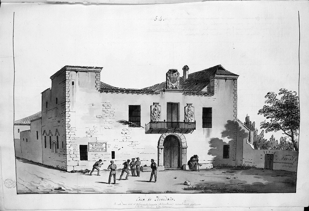 Plazuela y casa de Avendaño. “Aquí no se juega a pelota ni barra”. Acuarela de José María Avrial.