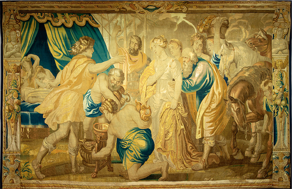 Restitución de Briseida. Tapiz, seda y lana, 432 x 545 cm, 7 hilos de urdimbre por centímetro. Bruselas, círculo de Jan Raes III, hacia 1651. Segovia, Fundación Torreón de Lozoya. Foto: Fundación Torreón de Lozoya.