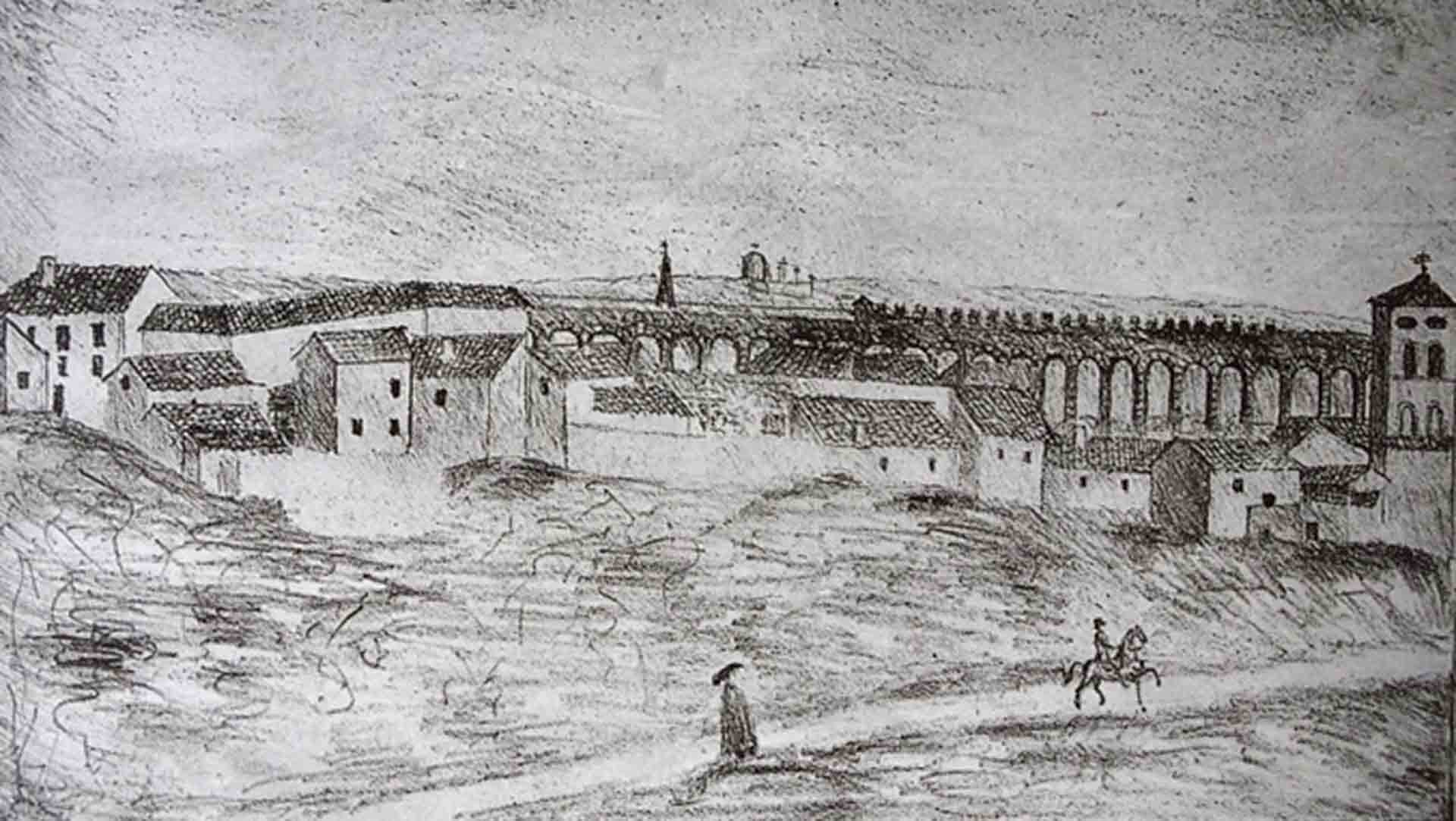 Camino que, saliendo del Azoguejo, tomaba la dirección de la Sierra, tras haber dejado a la derecha la iglesia de San Justo. / Dibujo anónimo, Archivo catedralicio