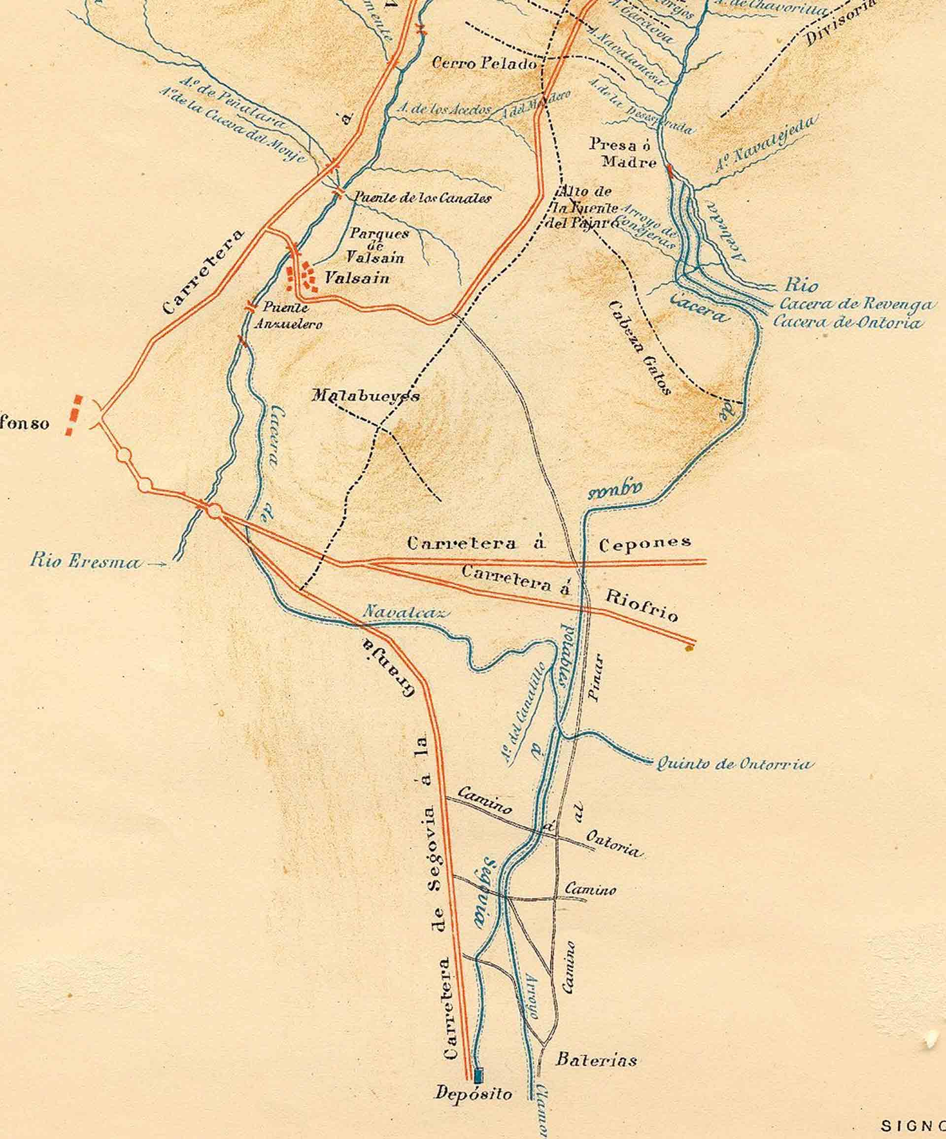 Plano nº 1. El origen de las aguas. La cacera de Navalcaz y la cacera del Acueducto. Archivo Municipal.