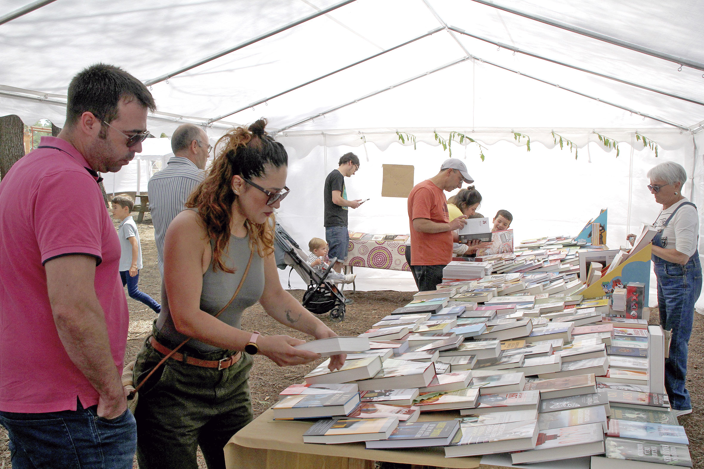 Vecinos de la comarca en los estands de librerías instalados en el paraje de la ermita. PRODESTUR