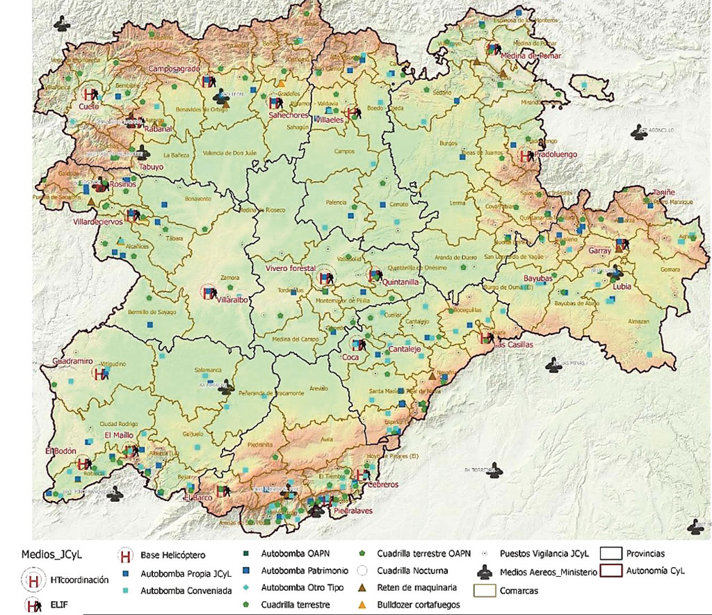 Mapa de los medios y recursos contra incendios este verano en la Comunidad de Castilla y León. / FUENTE: CONSEJERÍA DE PRESIDENCIA