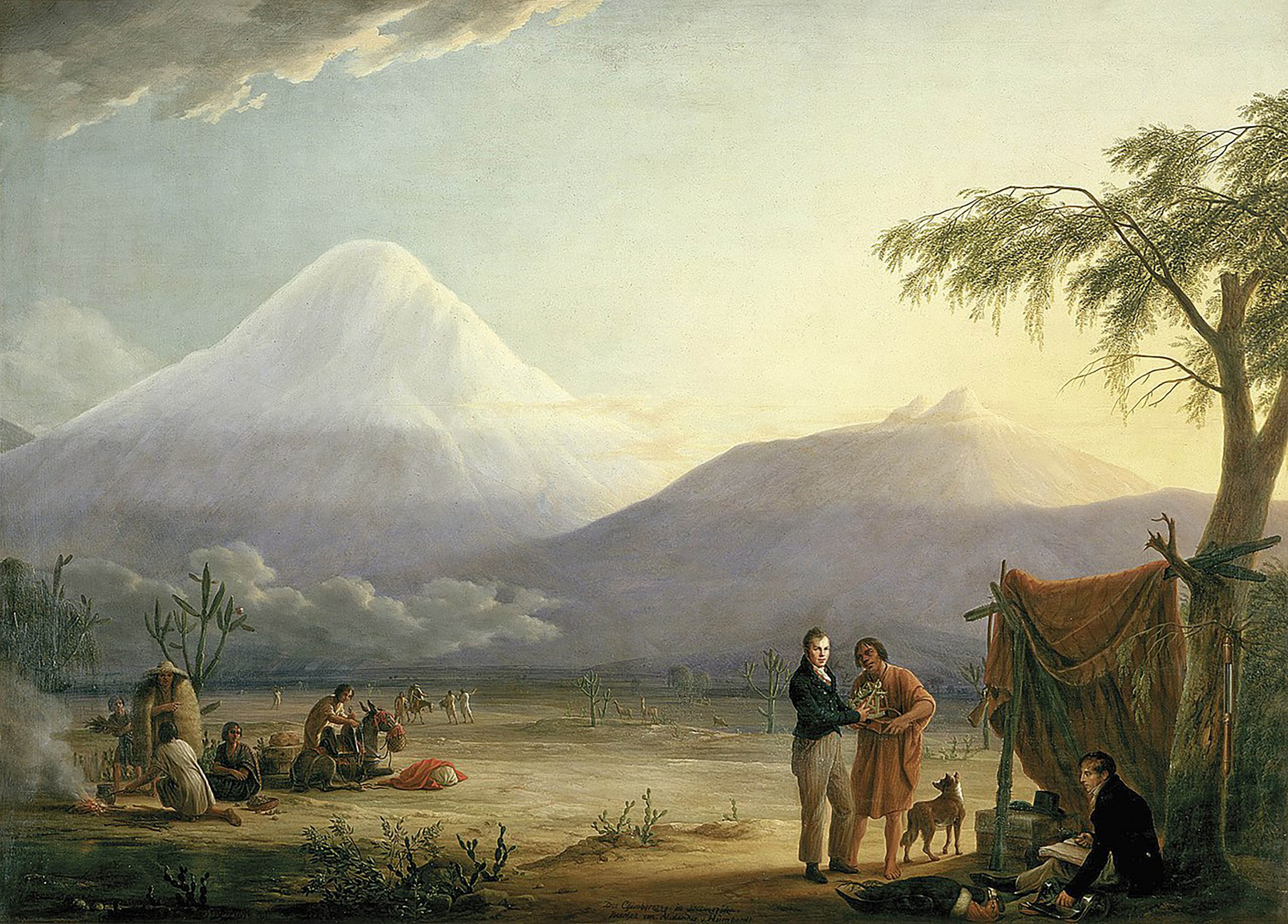Alexander von Humboldt y Aimé Bonpland retratados por Friedrich Georg Weitsch al pie del volcán del Chimborazo, Ecuador.