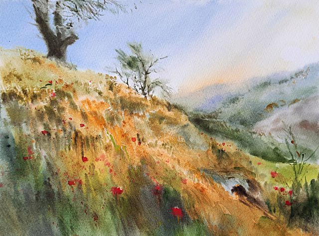 Una de las acuarelas de Feli: paisajes que se completan en la imaginación.