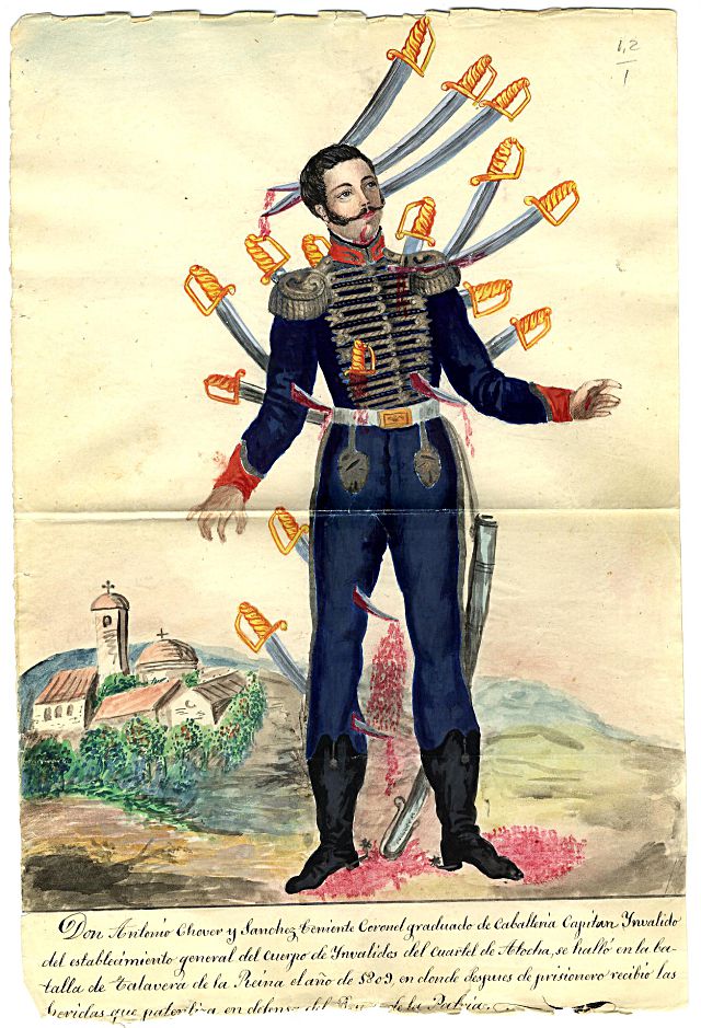 El Archivo General Militar de Segovia, un tesoro con 125 años de historia 5 Dibujo de las heridas recibidas Antonio Chover, y Sánchez, coronel de Caballería, fundador del Cuerpo de inválidos.