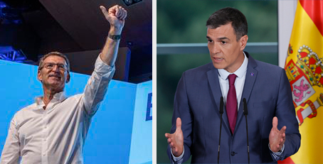 Núñez Feijóo, ayer domingo en un acto del PP en Toledo, y Pedro Sánchez, hoy tras la reunión con el Colegio de Comisarios de la UE. / EFE