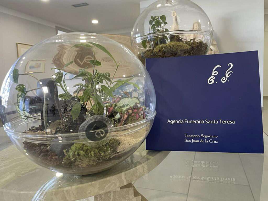 La urna sostenible consiste en una esfera con un terrario. La urna sostenible consiste en una esfera con un terrario.