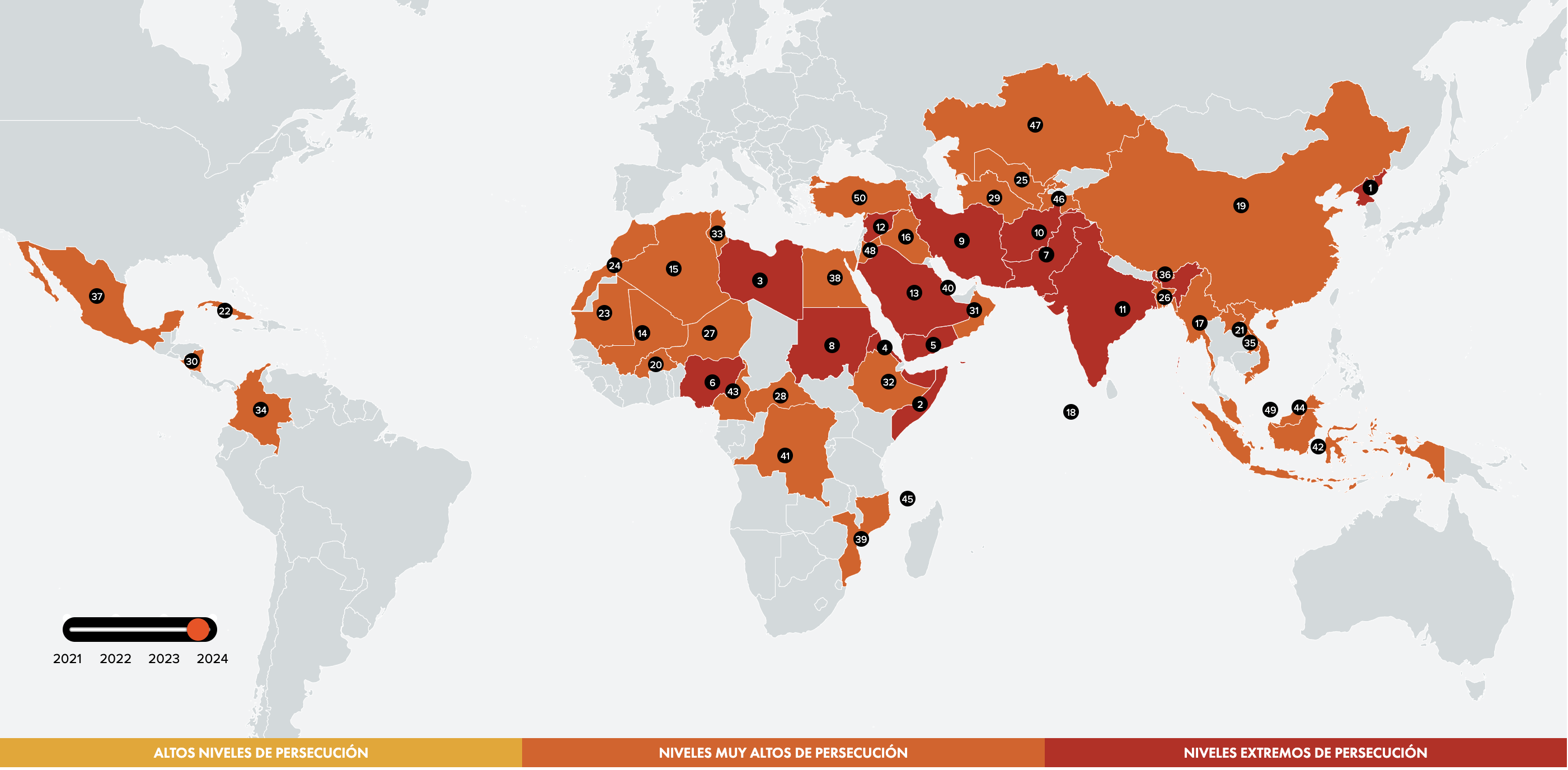 Mapa de los 50 países donde la persecución a cristianos es más extrema, con Corea del Norte a la cabeza.