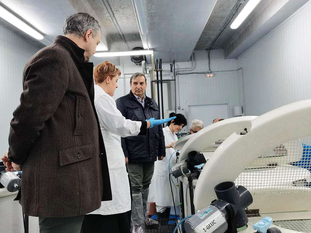 José Luis Sanz Merino y Raúl González visitan el Centro de Investigación en Acuicultura, guiados por Ana Larrán. / EL ADELANTADO