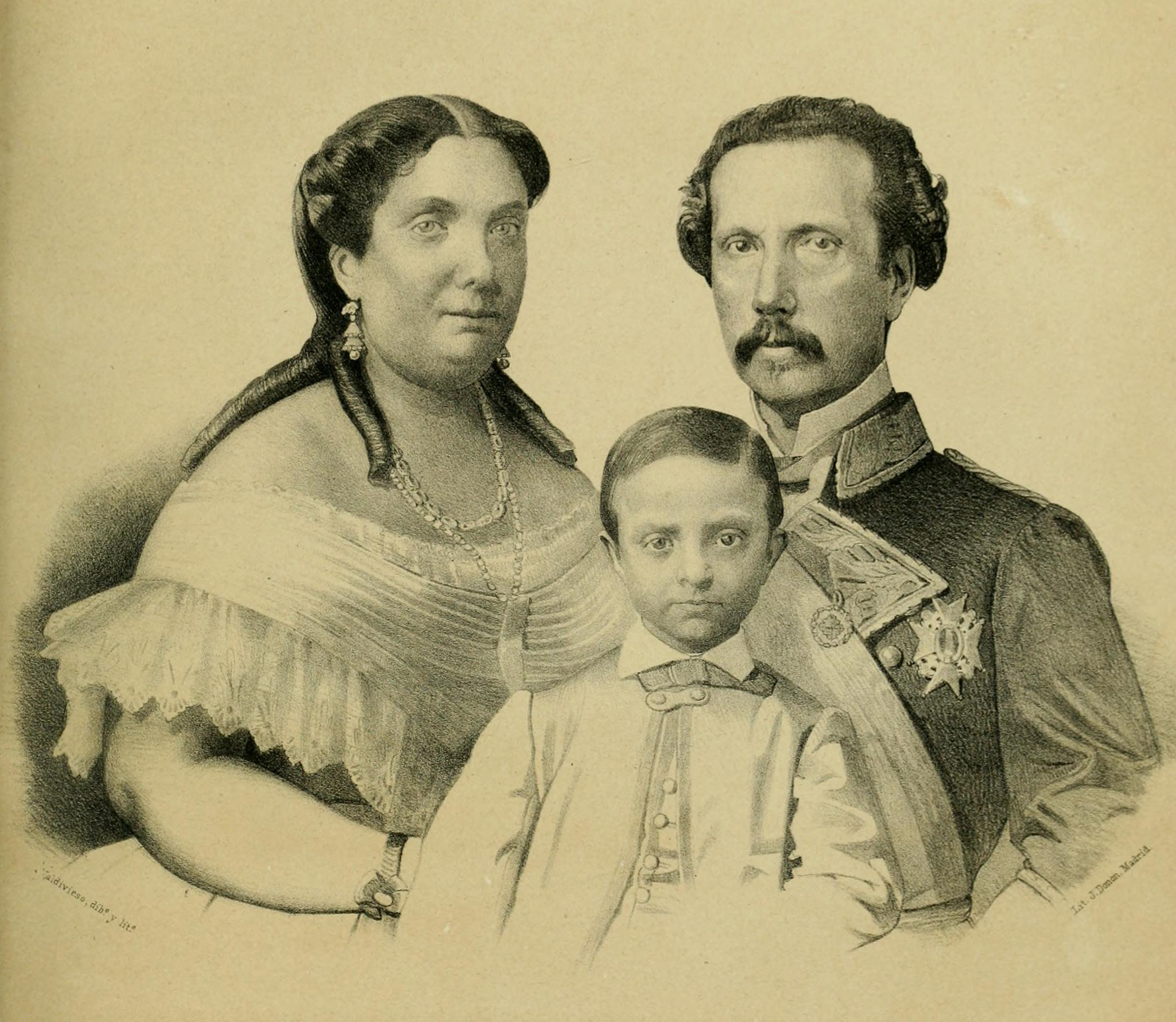 Retrato de Alfonso XII con siete años junto a su madre Isabel II y su padre Francisco de Asís de Borbón.y Corte de Madrid vol 4 Isabel II el rey consorte Francisco de Asís y el príncipe de Asturias (cropped) Retrato de Alfonso XII con siete años junto a su madre Isabel II y su padre Francisco de Asís de Borbón.