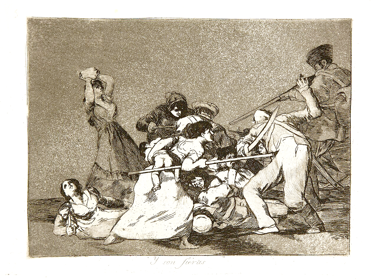 Los desastres de la guerra, n.º 5: «Y son fieras». Una de las primeras estampas de la serie muestra la participación valerosa de la mujer durante la guerra, incluso una de ellas sosteniendo en el otro brazo a su hijo.