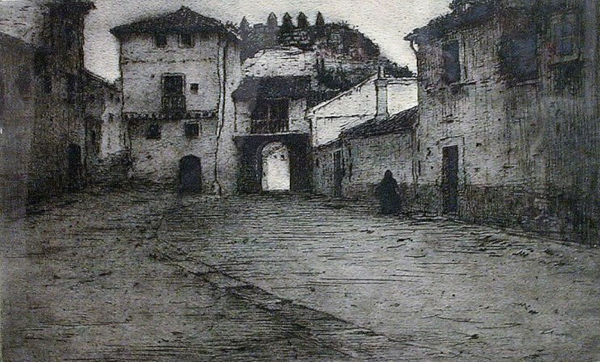 Puerta del Socorro. Aguafuerte de Eduardo Navarro, 1929.