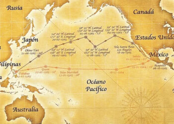 Ruta del Galeón de Manila de ida (gris) y vuelta (rojo).