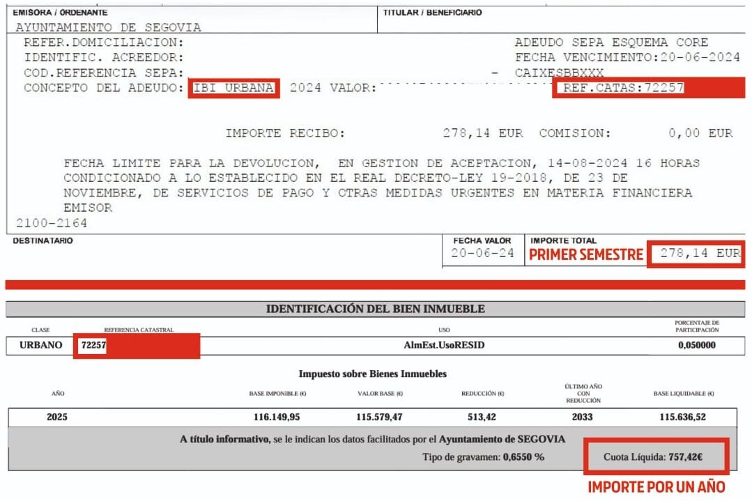 La subida del IBI eleva los recibos hasta un 36%, 200 euros más al año, ante el clamor de la oposición 3 Recibo con el que Izquierda Unida ejemplificaba el coste de la subida del IBI en Sevovia.