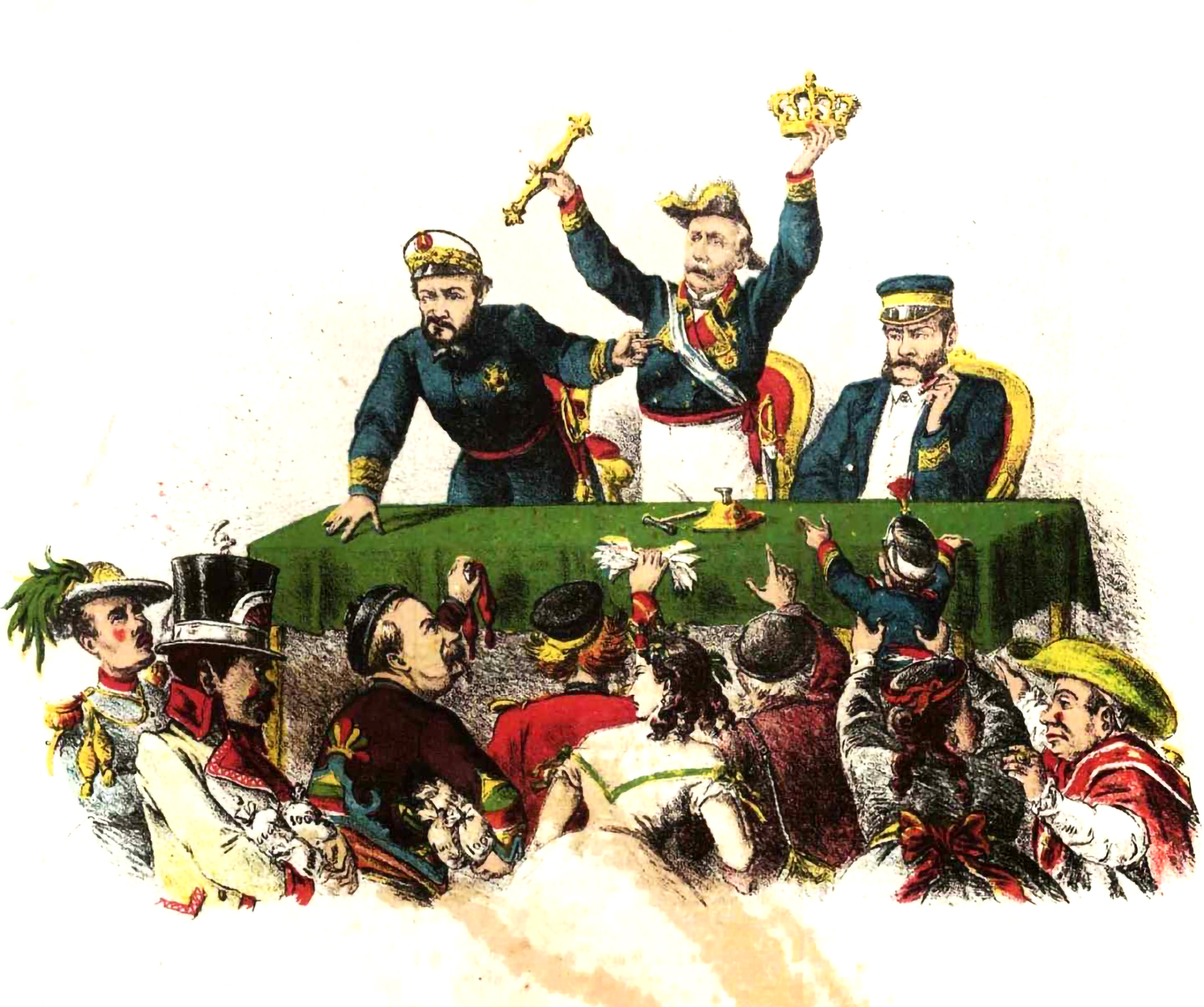 Caricatura de la época en la que aparecen el General Prim, Serrano y Topete.