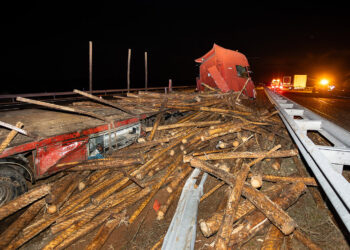 Camión cargado de troncos que volcó este lunes en la A62, a la altura de Aldehuela de la Bóveda, en Salamanca. / Vicente