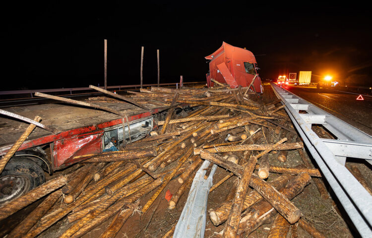 Varios coches siniestrados en la A62 tras volcar un camión con troncos 1 Camión cargado de troncos que volcó este lunes en la A62, a la altura de Aldehuela de la Bóveda, en Salamanca. / Vicente