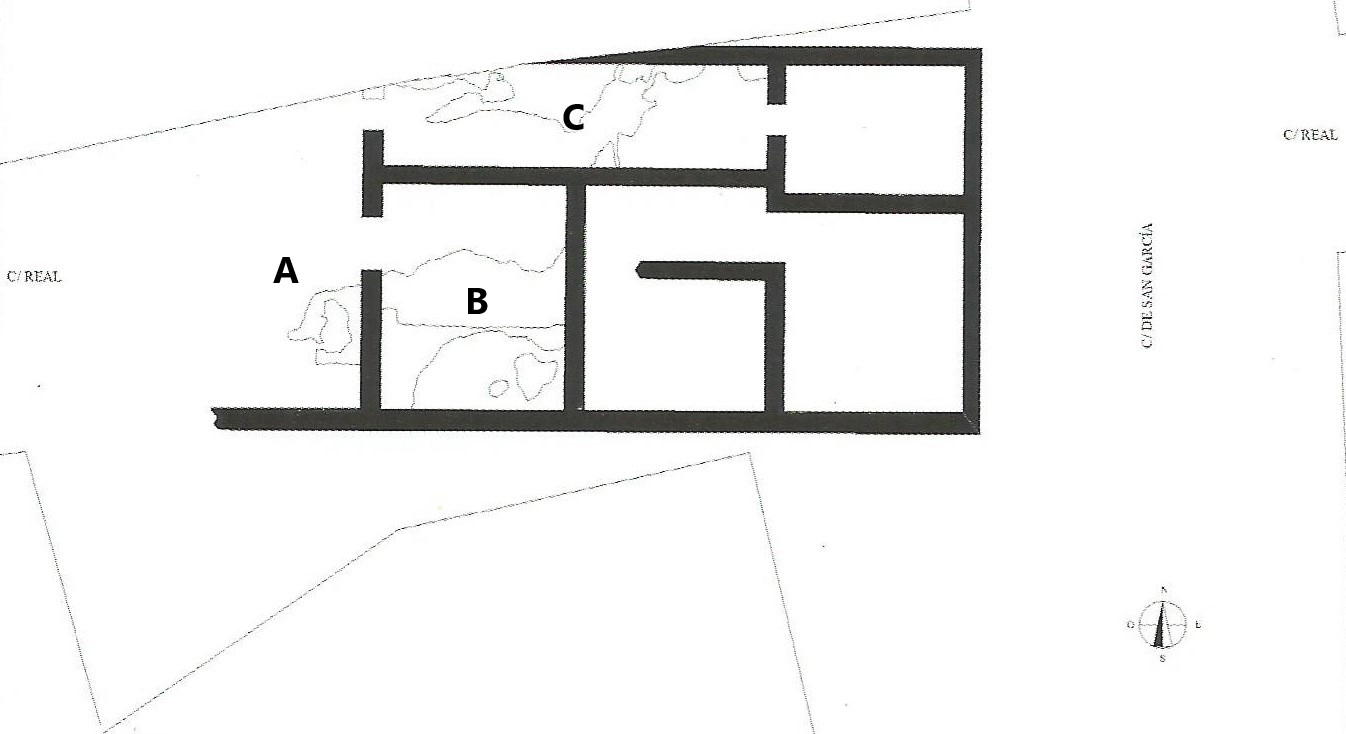 Las joyas de Paradinas (I): la villa romana y su desventurada trayectoria vital 2 Excavaciones de 1968. Croquis de la estructura que componía el denominado Ámbito I, con indicación de las tres estancias -A, B y C- pavimentadas con mosaico (según J. Escalera).