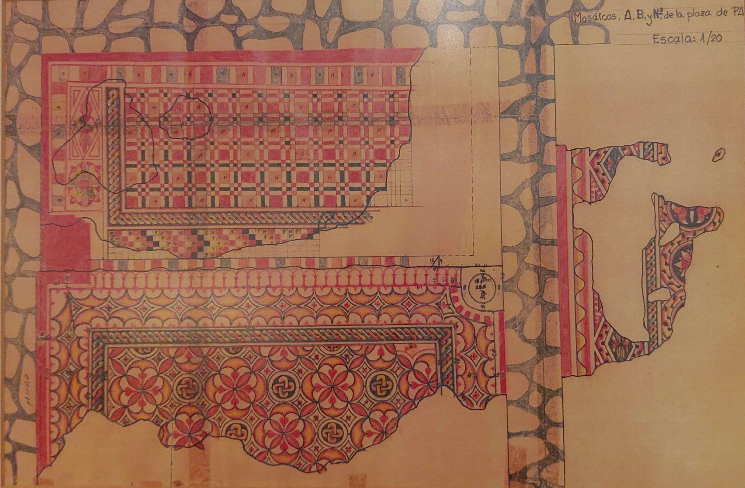 Las joyas de Paradinas (I): la villa romana y su desventurada trayectoria vital 3 Ámbito I. Detalle de los exiguos restos de mosaico de la estancia A -a la derecha- y los dos motivos de la amplia estancia B -a la izquierda- (según dibujo de J. Escalera). El pavimento de la mitad superior de la estancia B fue el único restaurado. Se conserva hoy día bajo el coro de la iglesia parroquial y fue reproducido en el anterior embaldosado de la plaza Mayor de Paradinas.