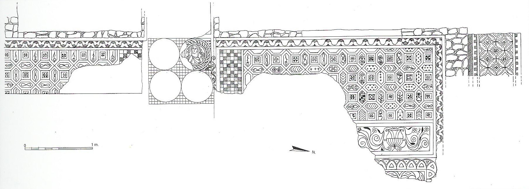 Las joyas de Paradinas (I): la villa romana y su desventurada trayectoria vital 5 Excavaciones de 1968. Reconstrucción hipotética de la gran estancia perteneciente al Ámbito II o privado (según E. Pérez Olmedo y F. Regueras Grande). Se aprecia el umbral de acceso cuadrangular con cuatro tondos de los que solo se conservaba la figura femenina alegórica del Invierno.